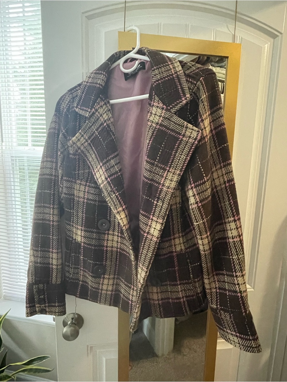 CoffeeShop Plaid Peacoat Jacket in Plum and Cream
